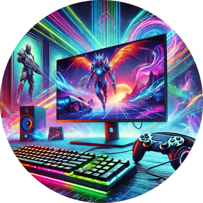Gaming-Setup mit Neonlichtern und Controller
Buntes Gaming-Motiv mit leuchtenden Farben, Controller und dynamischem Spiele-Interface – perfekt für Gamer:innen und Technik-Fans.