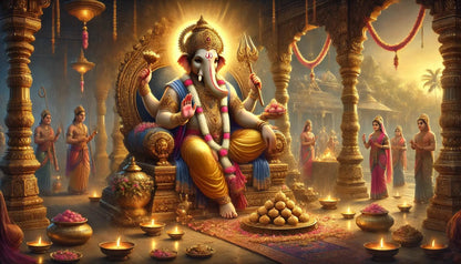 Farbenprächtige Darstellung von Ganesha mit Elefantenkopf, geschmückt mit Blumen und goldenen Tempeln im Hintergrund.