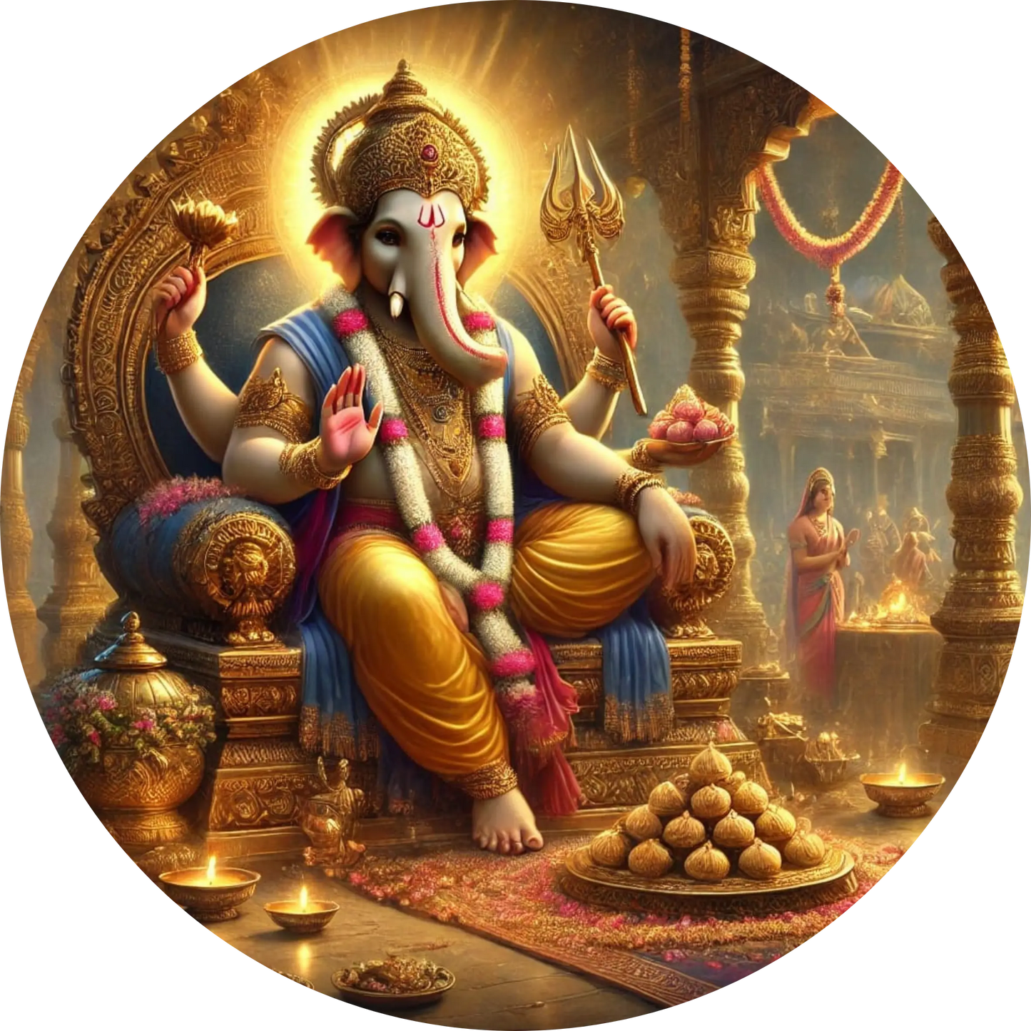 Hindu-Gott Ganesha mit Opfertellern – festlich geschmückte Darstellung mit Elefantenkopf