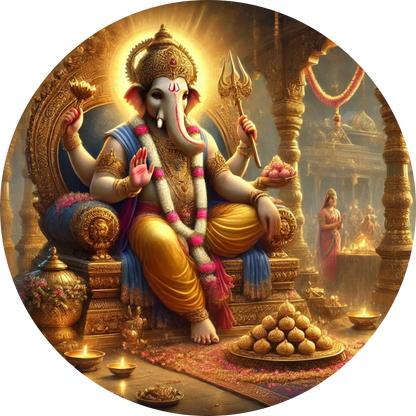 Hindu-Gott Ganesha mit Opfertellern – festlich geschmückte Darstellung mit Elefantenkopf