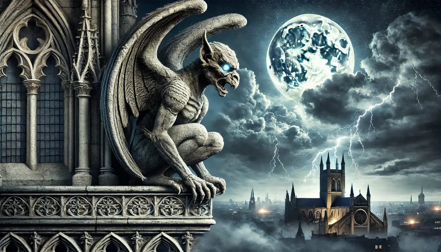 Gotische Stadt bei Nacht mit Gargoyle, unter Mondlicht mit Burg und Brücke