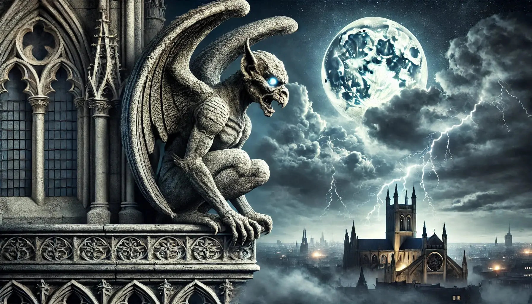 Gotische Stadt bei Nacht mit Gargoyle, unter Mondlicht mit Burg und Brücke