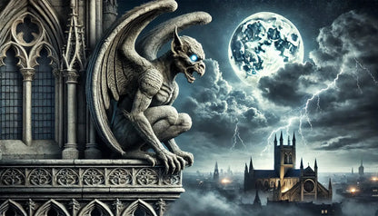 Gotische Stadt bei Nacht mit Gargoyle, unter Mondlicht mit Burg und Brücke