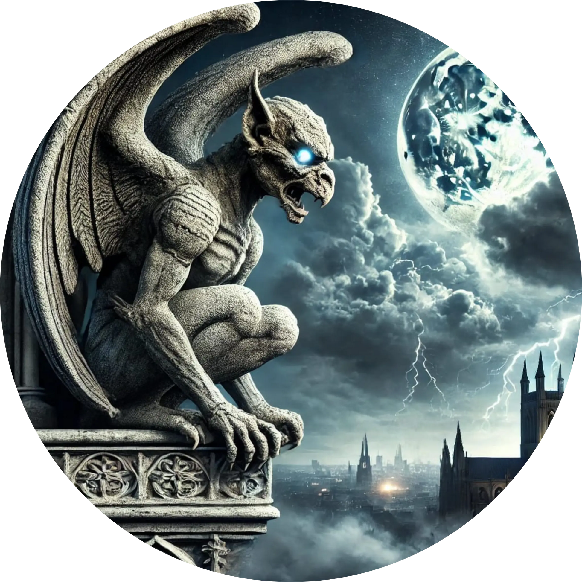 Gargoyle auf gotischem Dach mit Gewitterhimmel