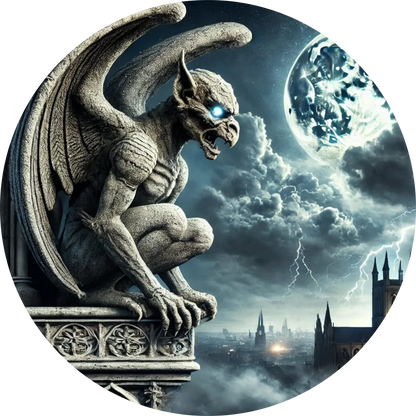 Gargoyle auf gotischem Dach mit Gewitterhimmel