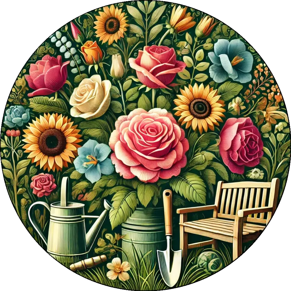 Gartenstuhl vor üppigem Blumenbeet mit Gießkanne und Sonnenblumen