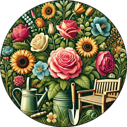 Gartenstuhl vor üppigem Blumenbeet mit Gießkanne und Sonnenblumen