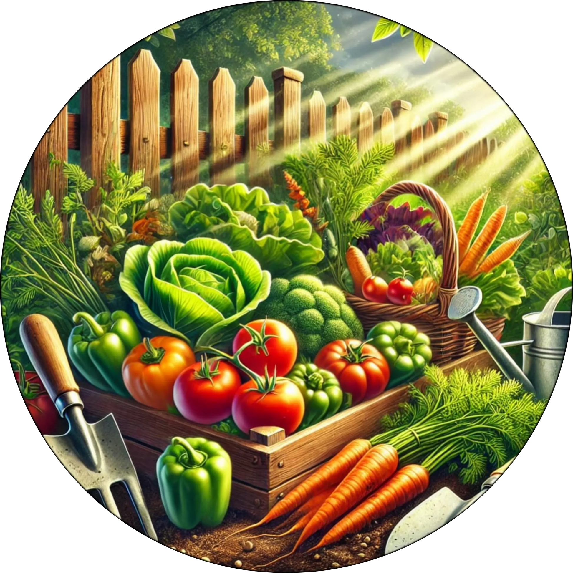 Gartenbeet mit frischem Gemüse und Gießkanne
Charmantes Gartenmotiv mit Gemüsebeet, Salatköpfen und einer Gießkanne – ideal für Hobbygärtner:innen und Naturfreunde.