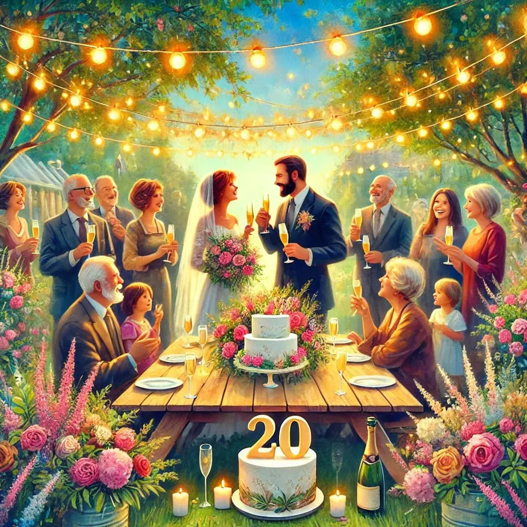 Fröhliche Gartenfeier zum 20. Hochzeitstag mit Brautpaar in festlicher Kleidung, umgeben von Familie und Freunden, dekoriert mit Lichterketten, Blumen und Torten – festliche Stimmung und liebevolle Atmosphäre.