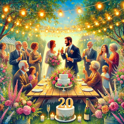 Fröhliche Gartenfeier zum 20. Hochzeitstag mit Brautpaar in festlicher Kleidung, umgeben von Familie und Freunden, dekoriert mit Lichterketten, Blumen und Torten – festliche Stimmung und liebevolle Atmosphäre.