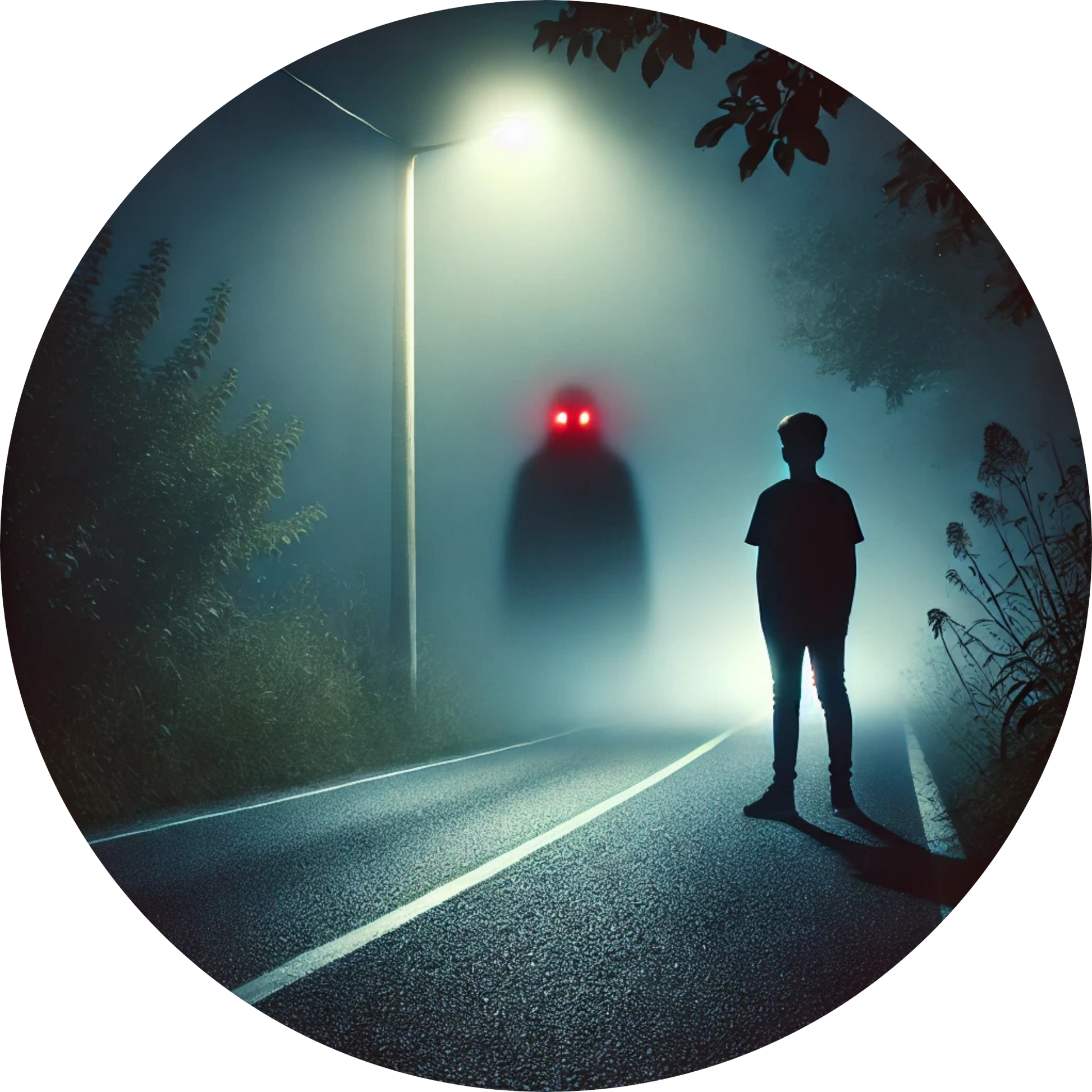 Mensch auf nächtlicher Straße unter Straßenlaterne mit roten Augen im Nebel