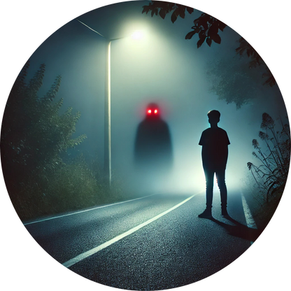 Mensch auf nächtlicher Straße unter Straßenlaterne mit roten Augen im Nebel