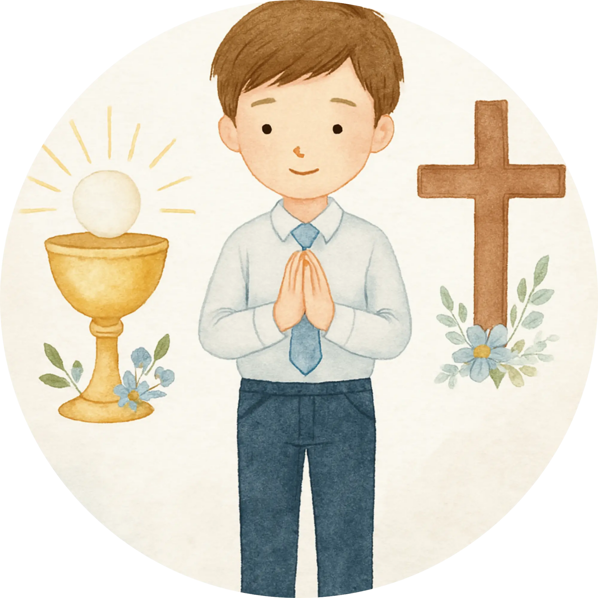 Junge mit gefalteten Händen, Kreuz und Kelch – Kommunion-Motiv für Jungen
