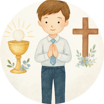 Junge mit gefalteten Händen, Kreuz und Kelch – Kommunion-Motiv für Jungen

