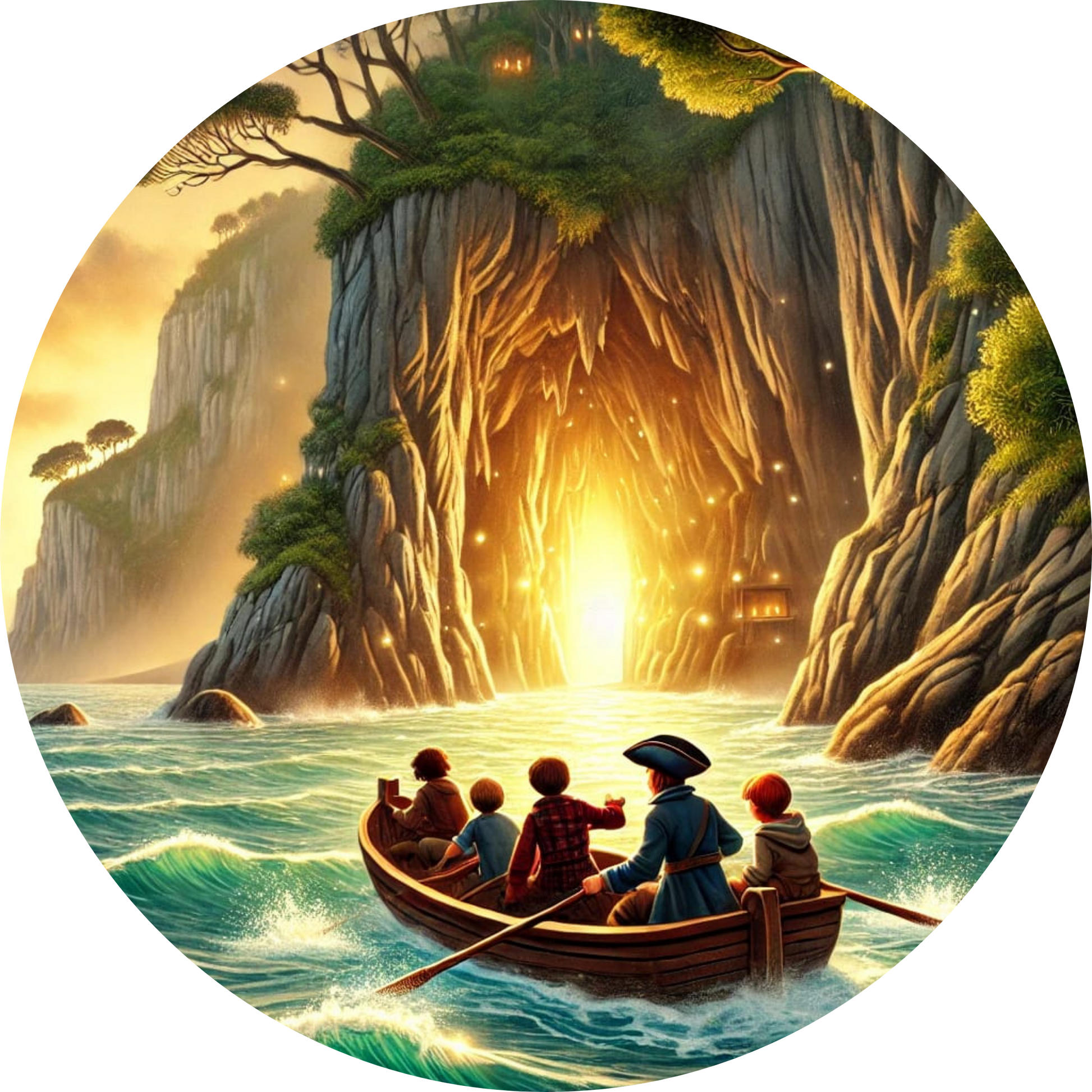 Kinder in Boot mit Fackeln rudern in eine geheimnisvolle Höhle
