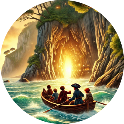 Kinder in Boot mit Fackeln rudern in eine geheimnisvolle Höhle
