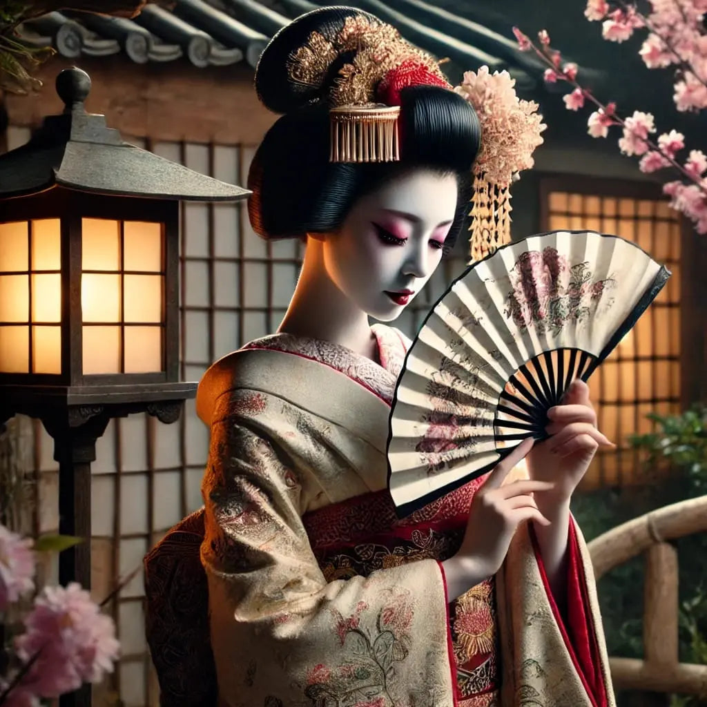 Stimmungsvolles Porträt einer Geisha bei Dämmerlicht – mit aufwendigem Kimono, Fächer und Hintergrund aus traditionellen Häusern.