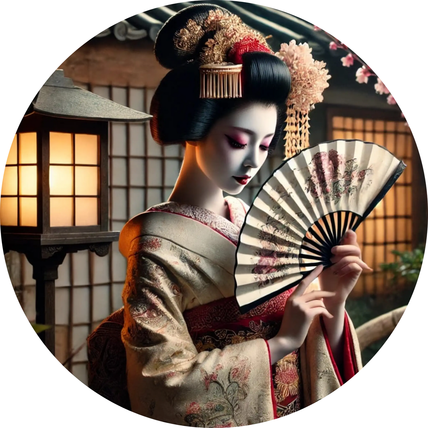 Geisha bei Laternenlicht mit Fächer und traditionellem Kimono – japanische Ästhetik in zarten Farben