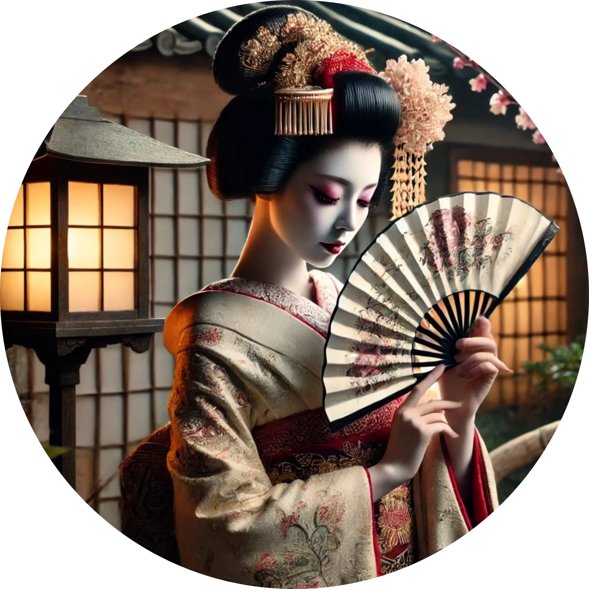 Geisha bei Laternenlicht mit Fächer und traditionellem Kimono – japanische Ästhetik in zarten Farben