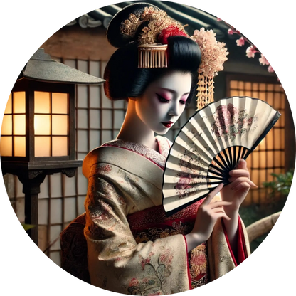 Geisha bei Laternenlicht mit Fächer und traditionellem Kimono – japanische Ästhetik in zarten Farben
