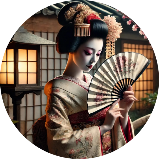 Geisha bei Laternenlicht mit Fächer und traditionellem Kimono – japanische Ästhetik in zarten Farben