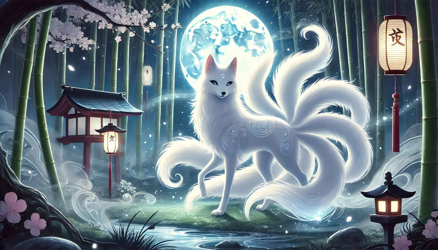 Kitsune im Geisterhaus – Weißer Geisterfuchs mit neun Schweifen erscheint in einer nebligen Szenerie mit antikem Mobiliar.