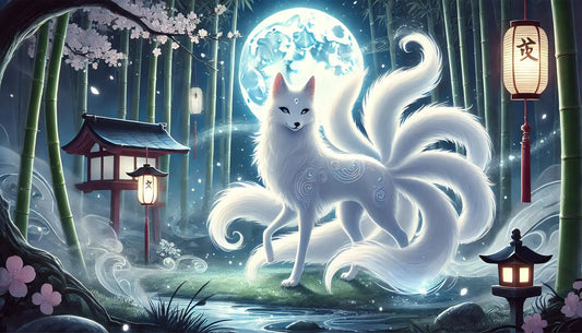 Kitsune im Geisterhaus – Weißer Geisterfuchs mit neun Schweifen erscheint in einer nebligen Szenerie mit antikem Mobiliar.