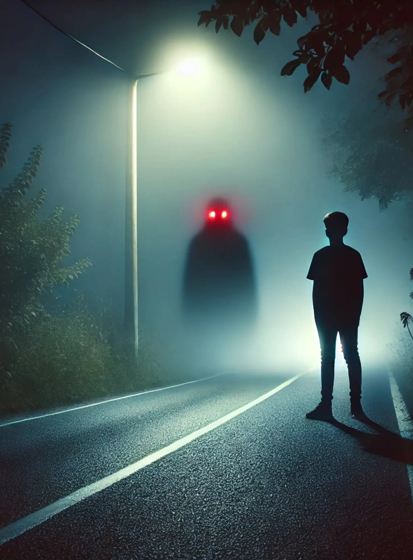 Silhouette eines Teenagers auf nächtlicher Straße – hinter ihm schwebt ein gespenstisches Wesen mit roten Augen.