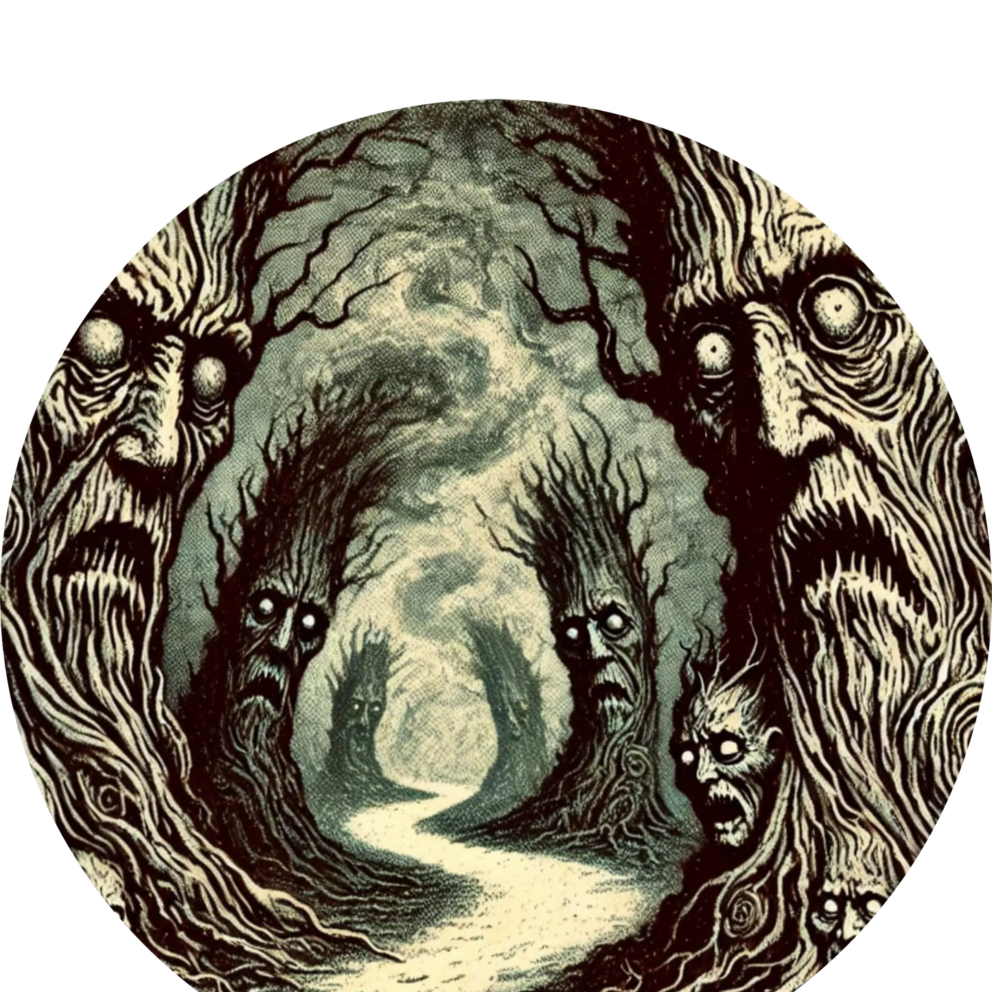 Geisterhafte Gestalt in einem verwunschenen Wald mit knorrigen Bäumen