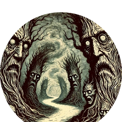 Geisterhafte Gestalt in einem verwunschenen Wald mit knorrigen Bäumen