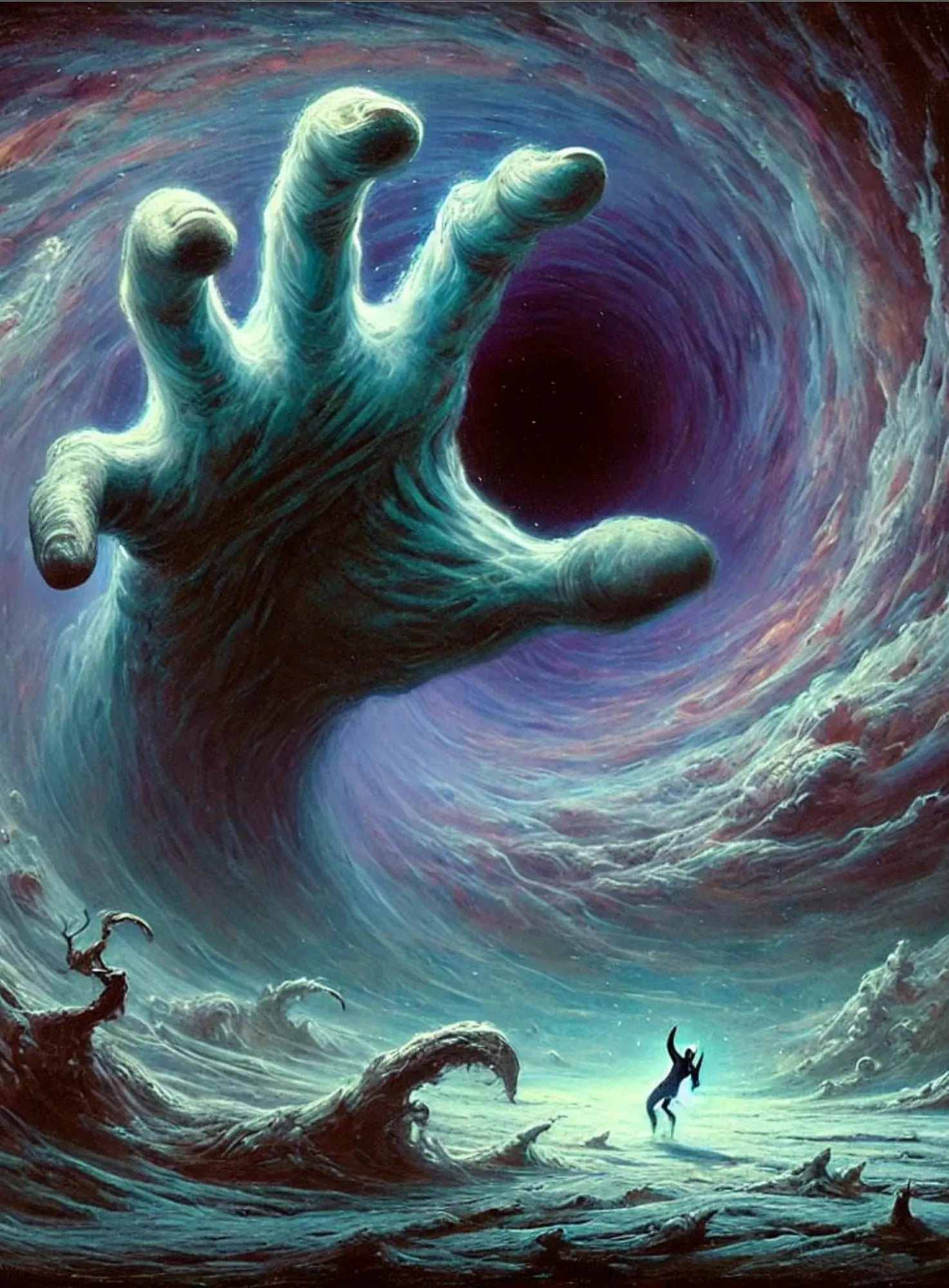 Mystische, geisterhafte Hand greift aus einem dunklen Wirbel – unheimlicher Horror-Effekt in düsteren Farben.