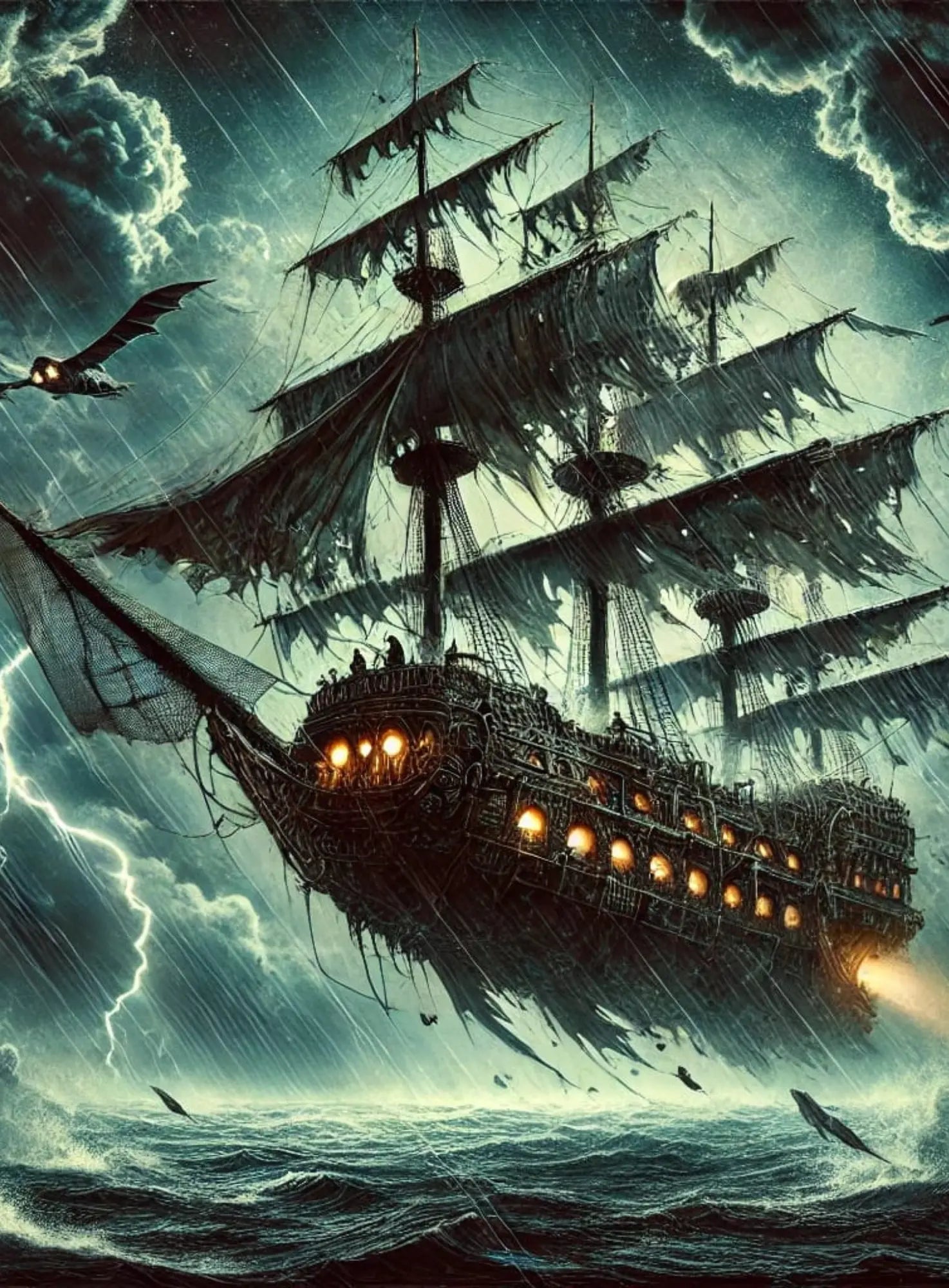 Geisterhaftes Segelschiff schwebt über einem tobenden Meer bei Gewitter – finstere Fantasy mit maritimem Horror.