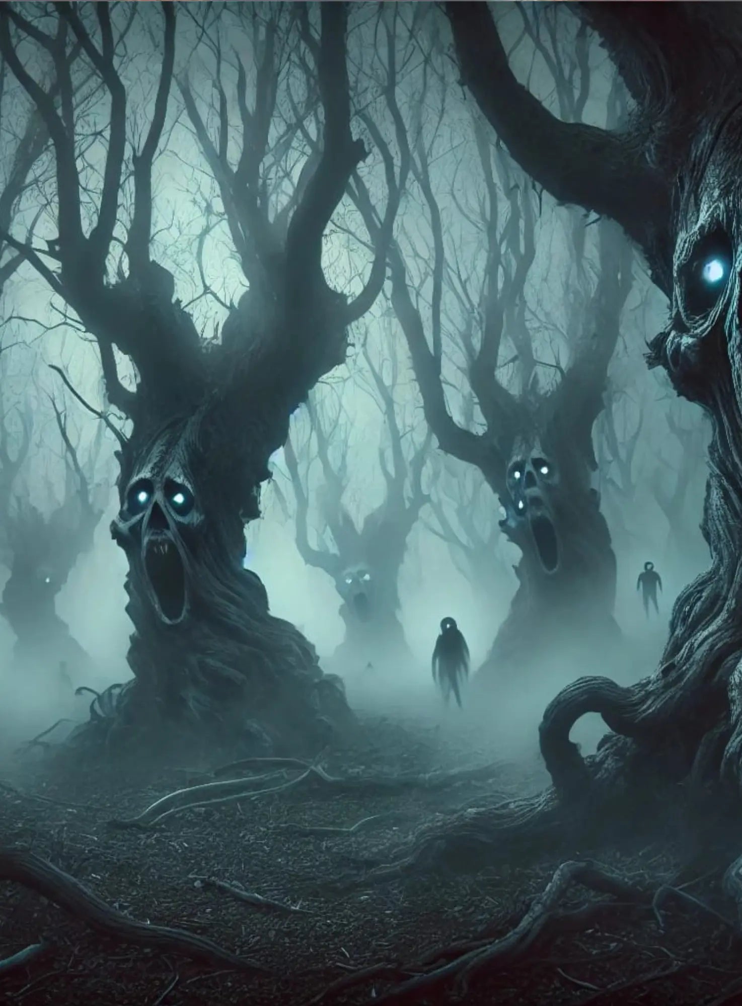 Ein nebliger Wald, dessen knorrige Bäume bedrohlich wirken. Zwei düstere Gestalten stehen sich gegenüber – wie in einem uralten Ritual.