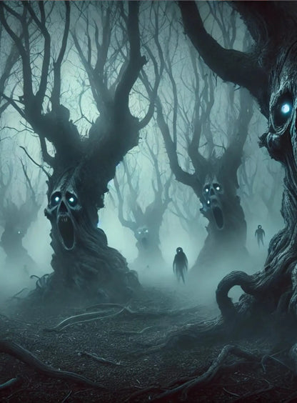Ein nebliger Wald, dessen knorrige Bäume bedrohlich wirken. Zwei düstere Gestalten stehen sich gegenüber – wie in einem uralten Ritual.