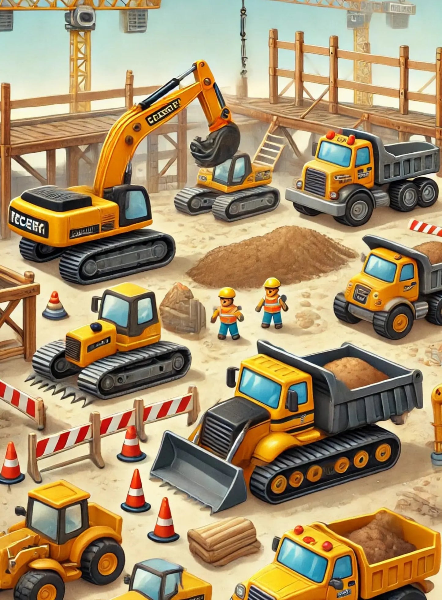 Gelber Bagger hebt Erde auf einer runden Baustellenfläche.