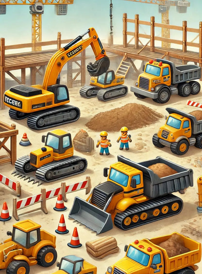 Gelber Bagger hebt Erde auf einer runden Baustellenfläche.