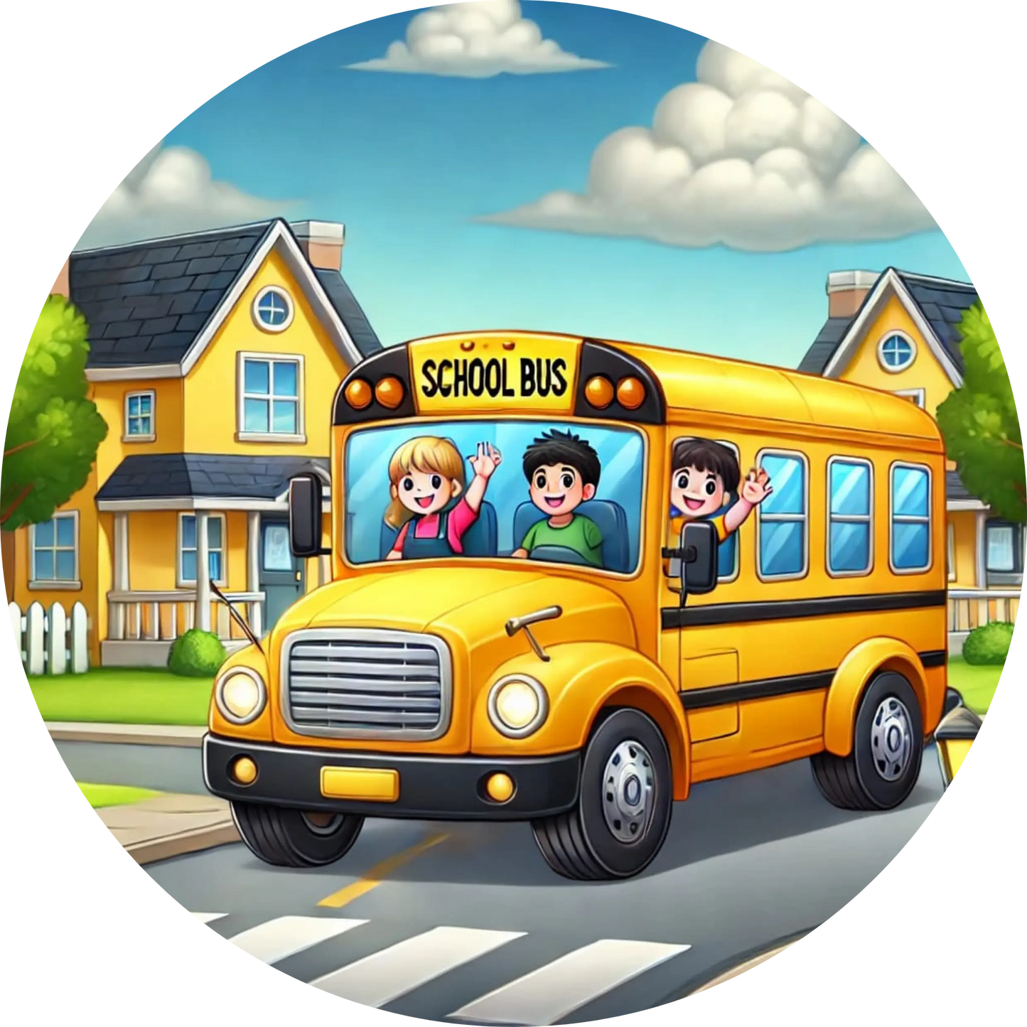 Gelber Schulbus wartet vor einer Schule mit Kindern.