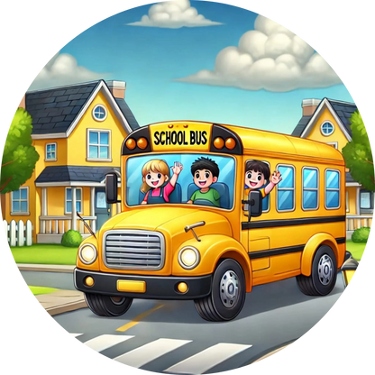 Gelber Schulbus wartet vor einer Schule mit Kindern.