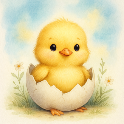 Gelbes Küken frisch geschlüpft aus einem Ei