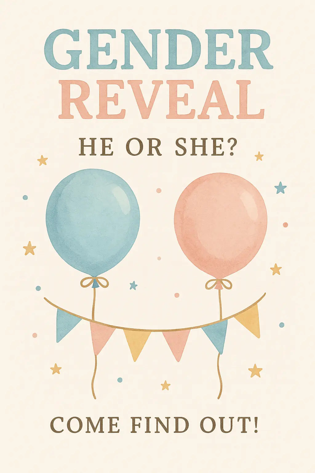 Verspieltes Gender-Reveal-Motiv mit rosa und blauen Ballons und dem Text: He or She? Come find out!