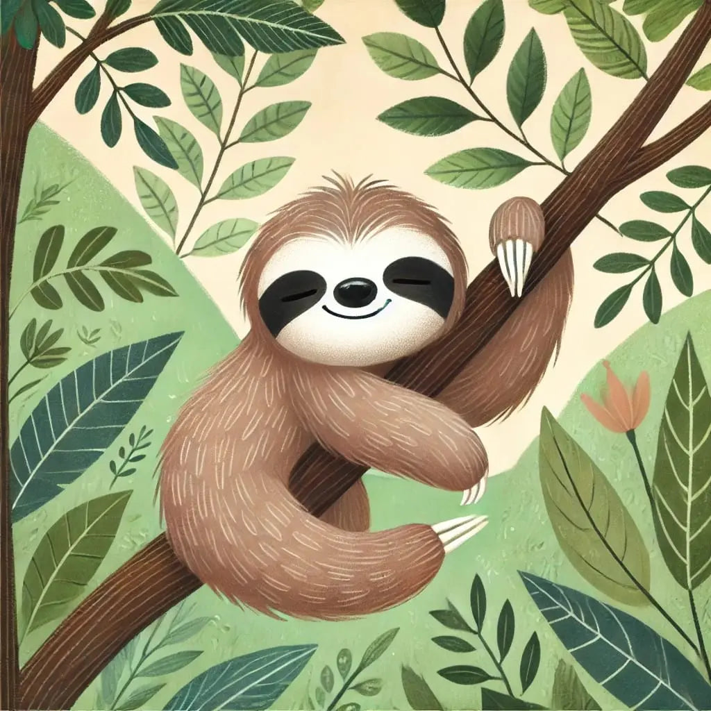 Faultier in stilisiertem Jungle-Muster, geometrisch mit grünen Blättern