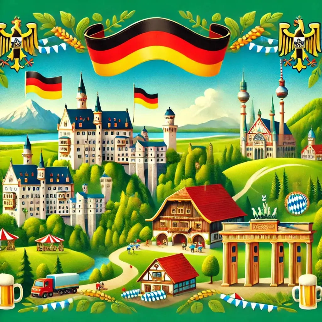 Deutschland-Motiv mit Neuschwanstein, Brandenburger Tor und schwarz-rot-goldener Flagge