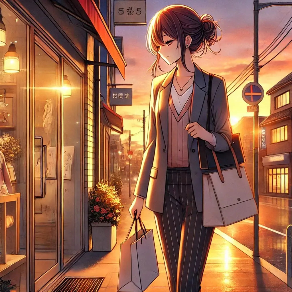 Eine stylische Anime-Frau trägt Einkaufstaschen durch eine belebte Einkaufsstraße.