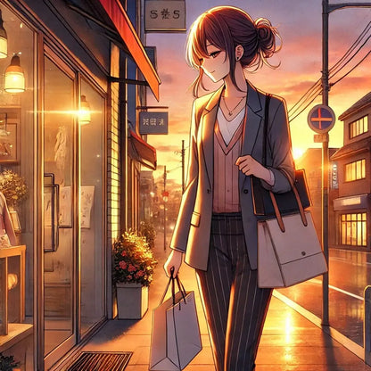 Eine stylische Anime-Frau trägt Einkaufstaschen durch eine belebte Einkaufsstraße.