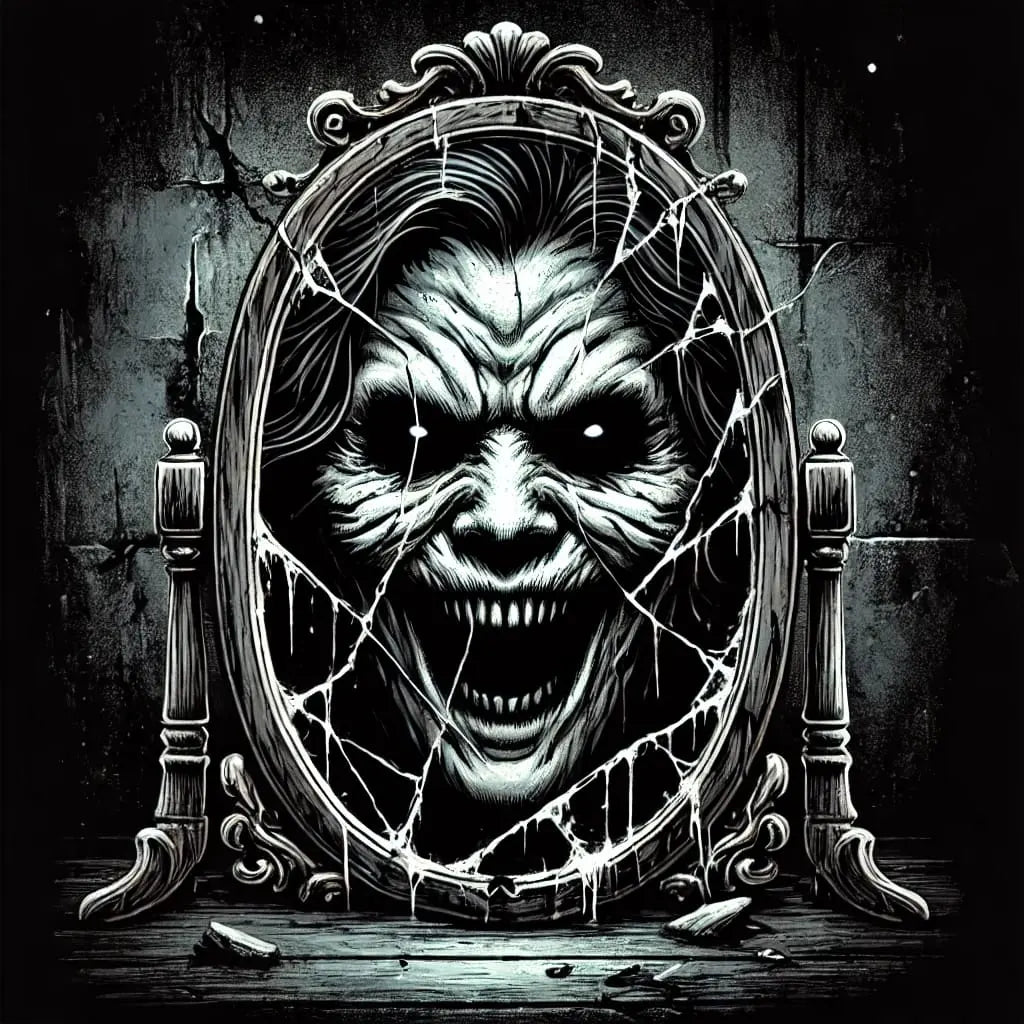 Verzerrtes Gruselgesicht in einem alten Spiegel – unheimlich und verstörend