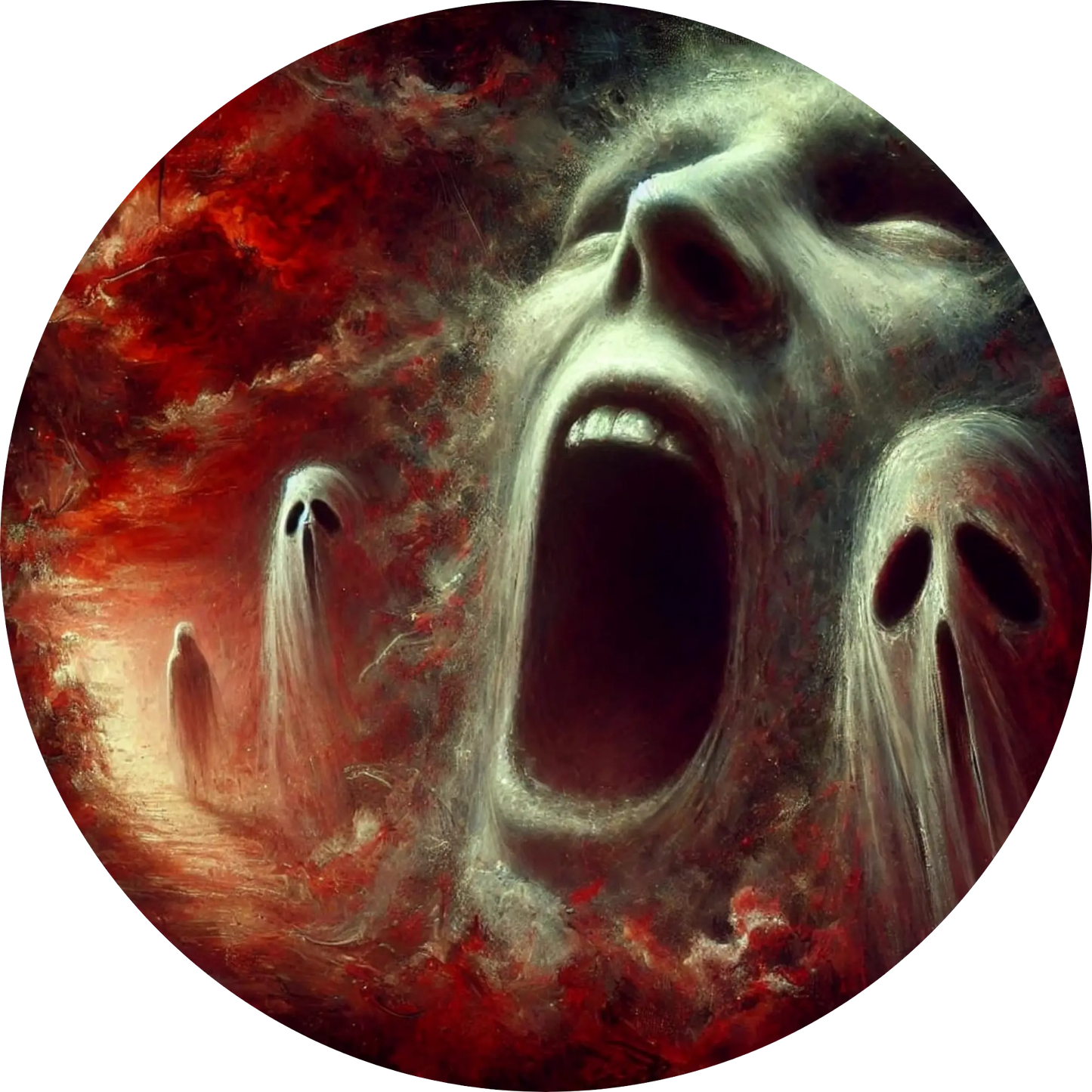 Gesicht in Qualen, halb aufgelöst in glühender, feuriger Masse
