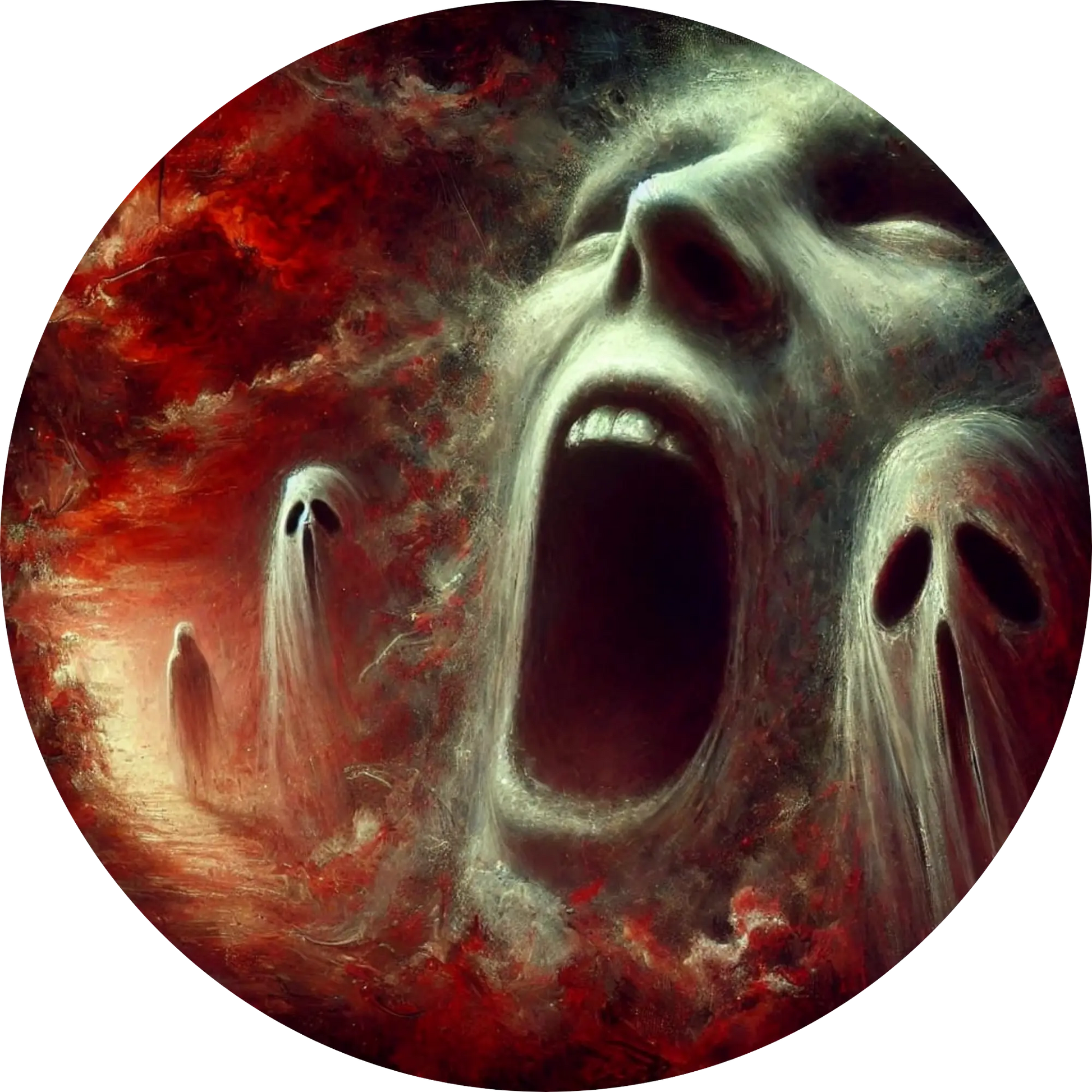 Gesicht in Qualen, halb aufgelöst in glühender, feuriger Masse
