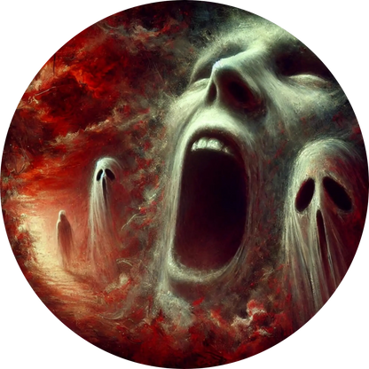 Gesicht in Qualen, halb aufgelöst in glühender, feuriger Masse
