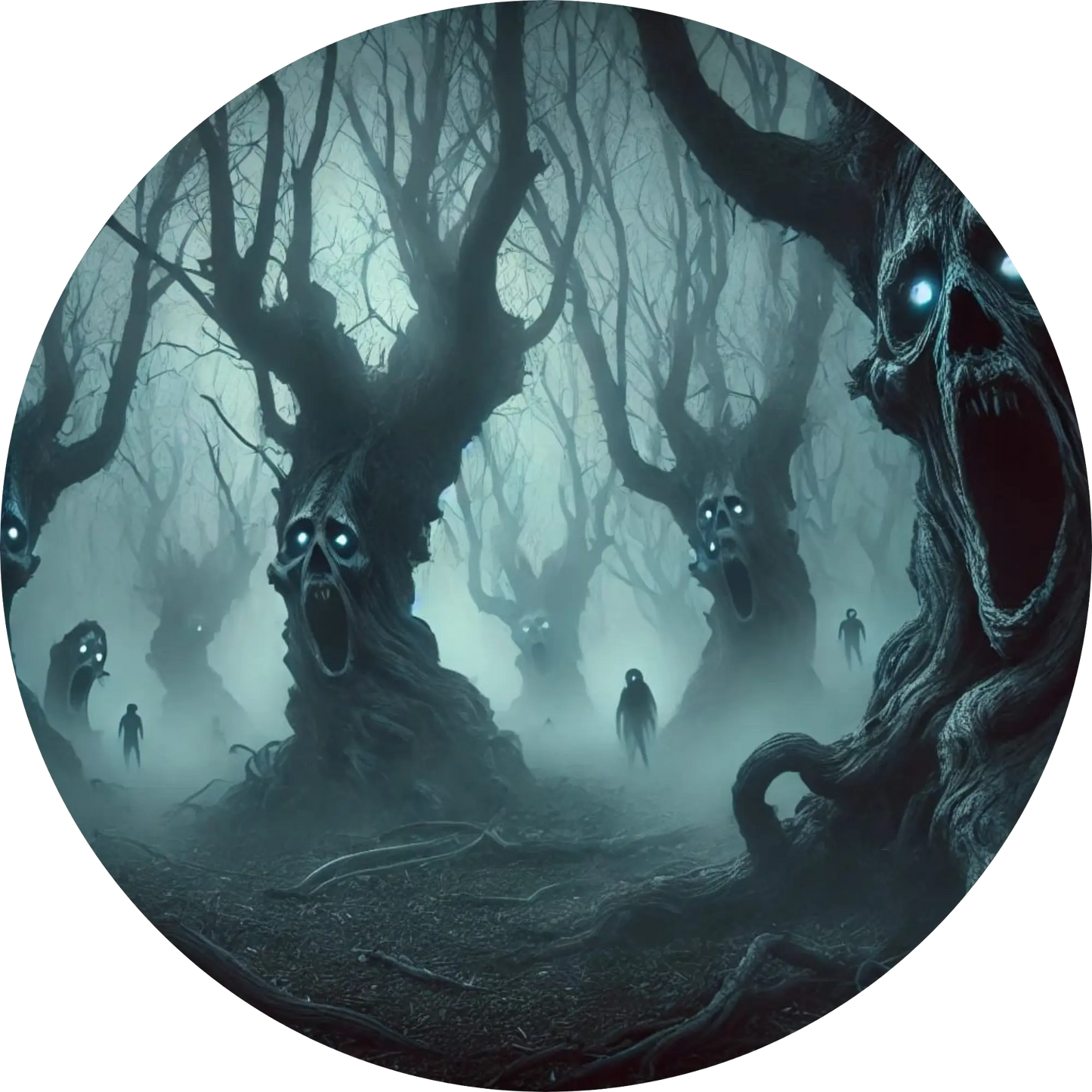 Verzweigte, geisterhafte Bäume in nebligem, unheimlichem Wald
