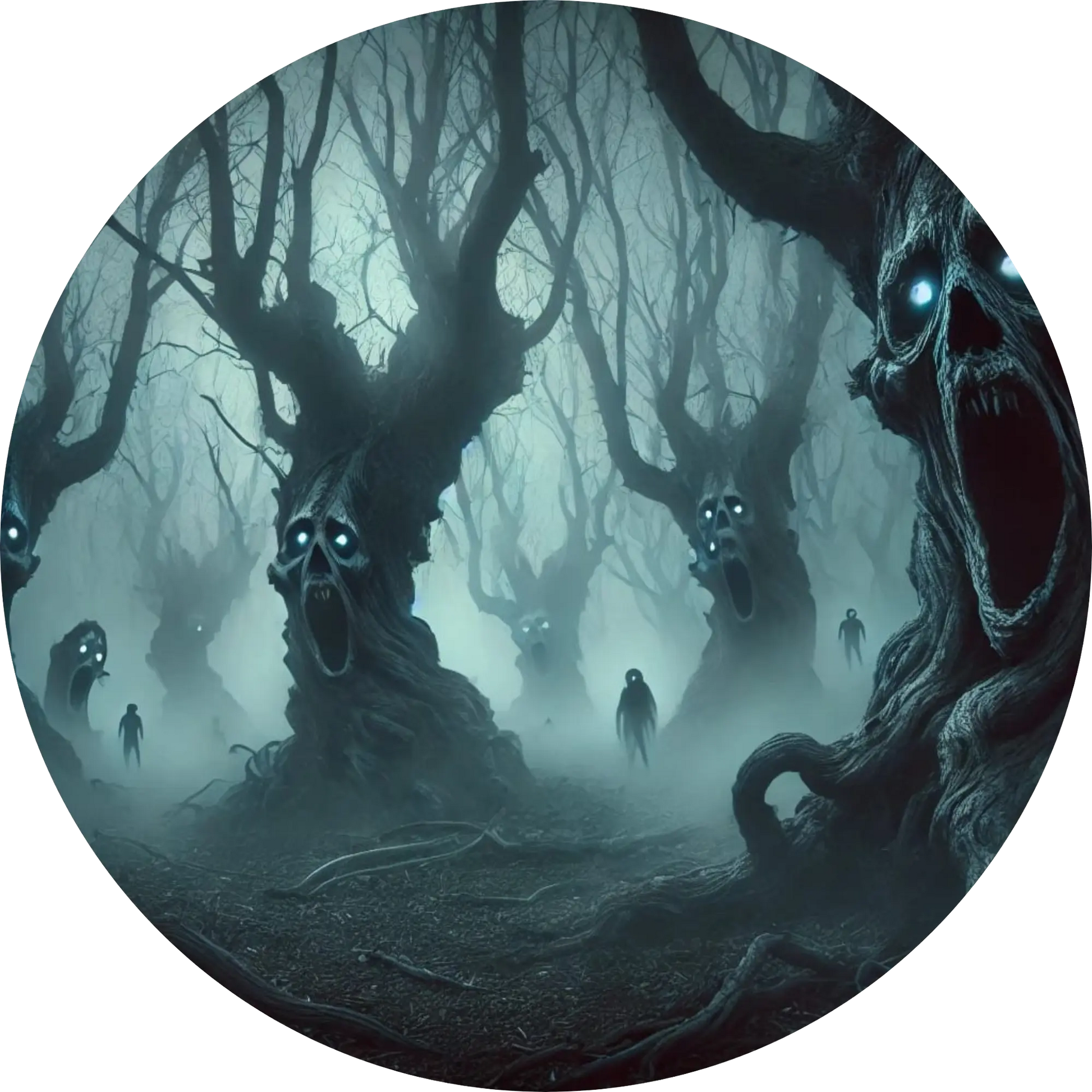 Verzweigte, geisterhafte Bäume in nebligem, unheimlichem Wald
